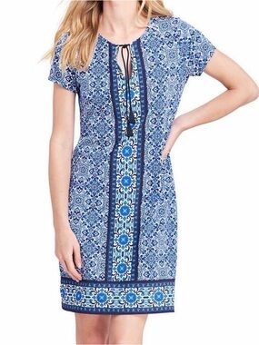 Lands' End Blue and White Tile-Print Shift Dress